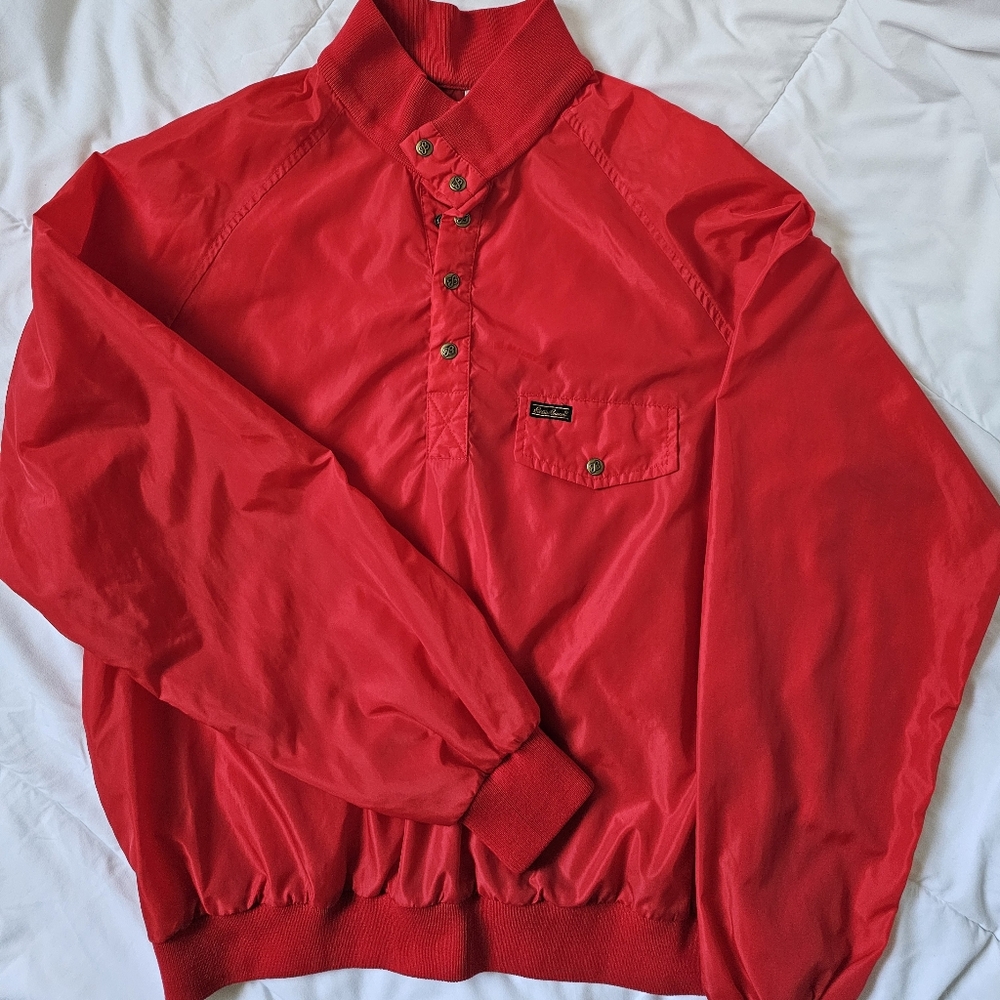 Vintage Eddie Bauer 1980s Red Nylon Pull Over Snap Windbreaker Jacket Medium